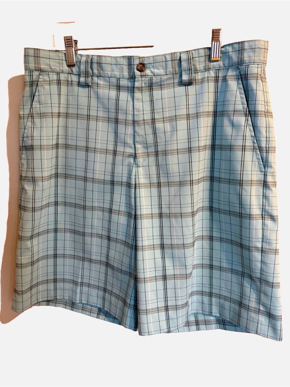 IZOD PerformX Men’s Golf Shorts 33 Aqua Blue Plaid Performance Flat Front